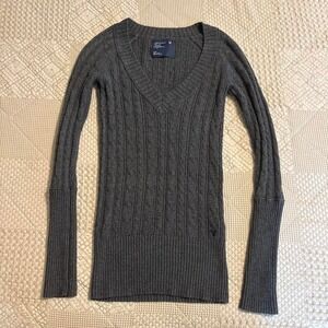 vintage 2000s American Eagle grey cable knit sweater with embroidered logo